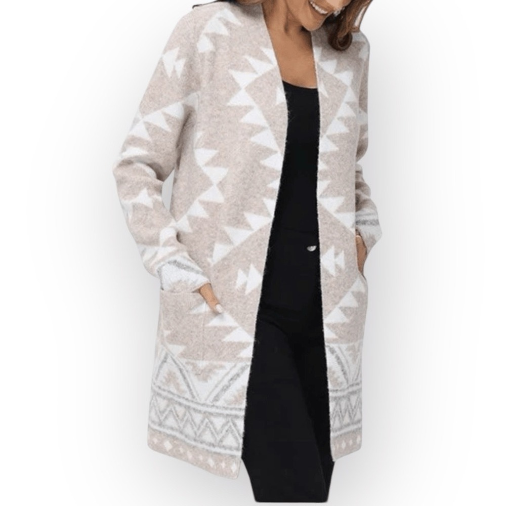 Frye Womens Southwestern Geometric Open Front Cardigan Sweater Tan White Size M